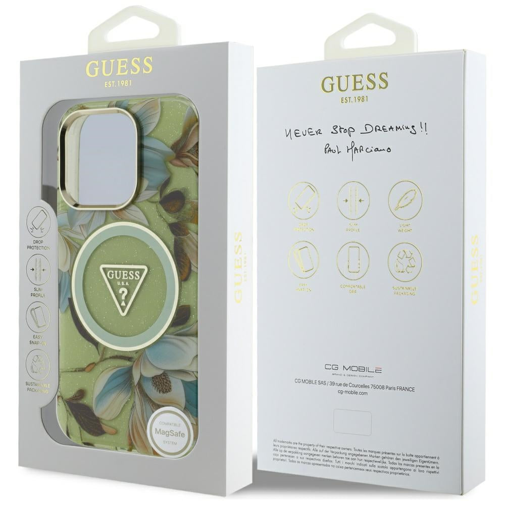 Coque MagSafe pour Apple iPhone 16 Pro, Guess, IML Metal Glitter Flowers Triangle, Vert