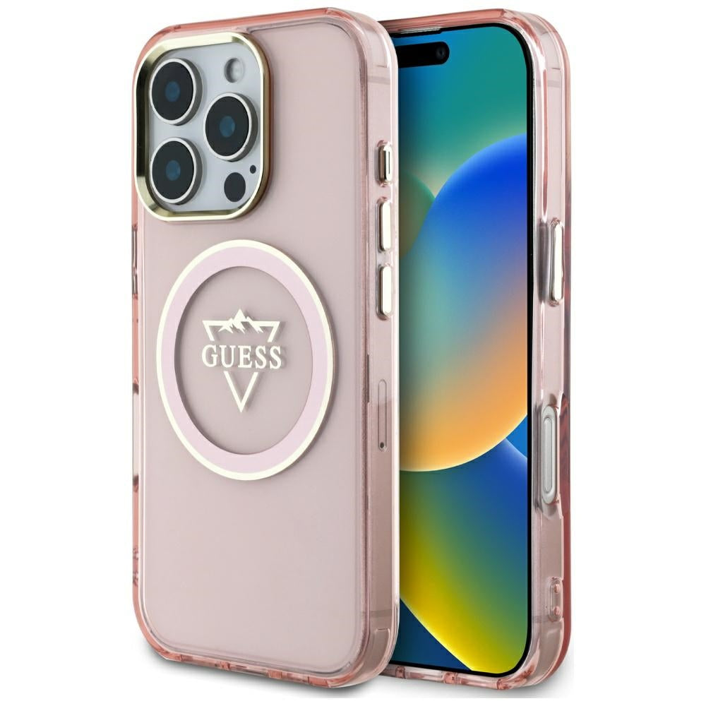 Coque MagSafe pour Apple iPhone 16 Pro, Guess, logo IML Metal Mountain, Rose