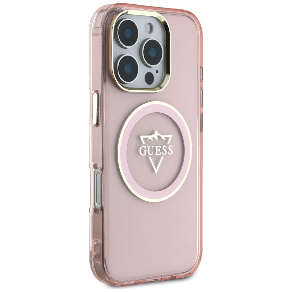 Coque MagSafe pour Apple iPhone 16 Pro, Guess, logo IML Metal Mountain, Rose