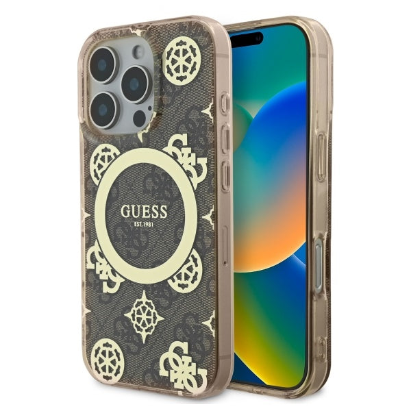 Étui MagSafe pour Apple iPhone 16 Pro, Guess, IML Peony On 4G Background, Marron