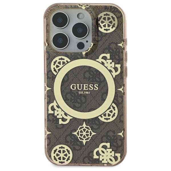 Étui MagSafe pour Apple iPhone 16 Pro, Guess, IML Peony On 4G Background, Marron