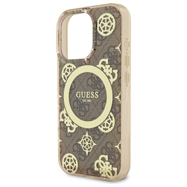 Étui MagSafe pour Apple iPhone 16 Pro, Guess, IML Peony On 4G Background, Marron