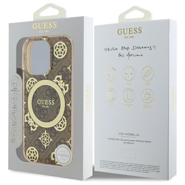Étui MagSafe pour Apple iPhone 16 Pro, Guess, IML Peony On 4G Background, Marron