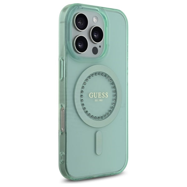Custodia MagSafe per Apple iPhone 16 Pro, Guess, IML Rhinestone, Verde