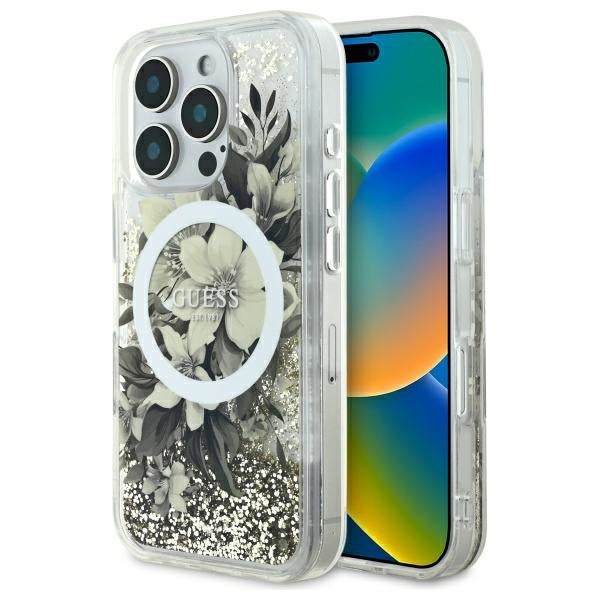 Étui MagSafe pour Apple iPhone 16 Pro, Guess, Liquid Glitter Flower, Beige