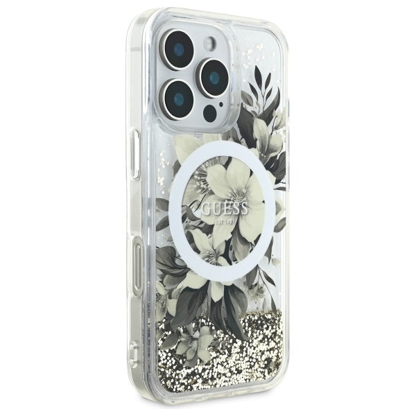 Étui MagSafe pour Apple iPhone 16 Pro, Guess, Liquid Glitter Flower, Beige