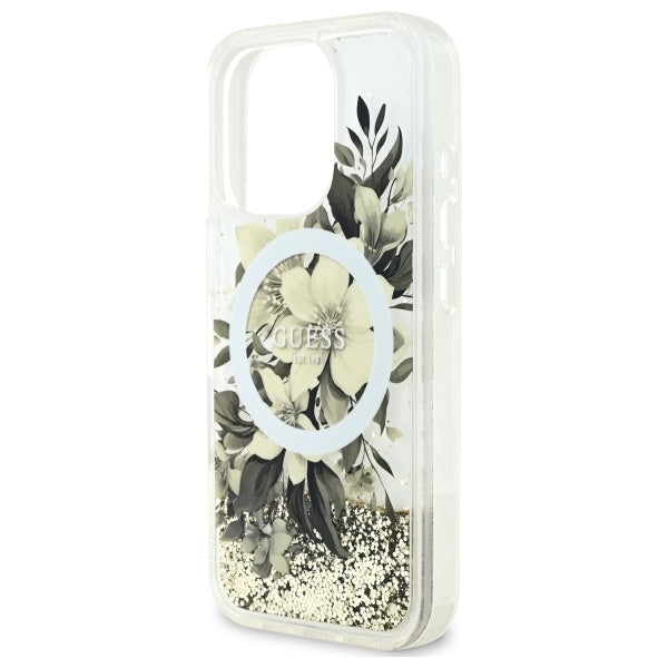 Étui MagSafe pour Apple iPhone 16 Pro, Guess, Liquid Glitter Flower, Beige