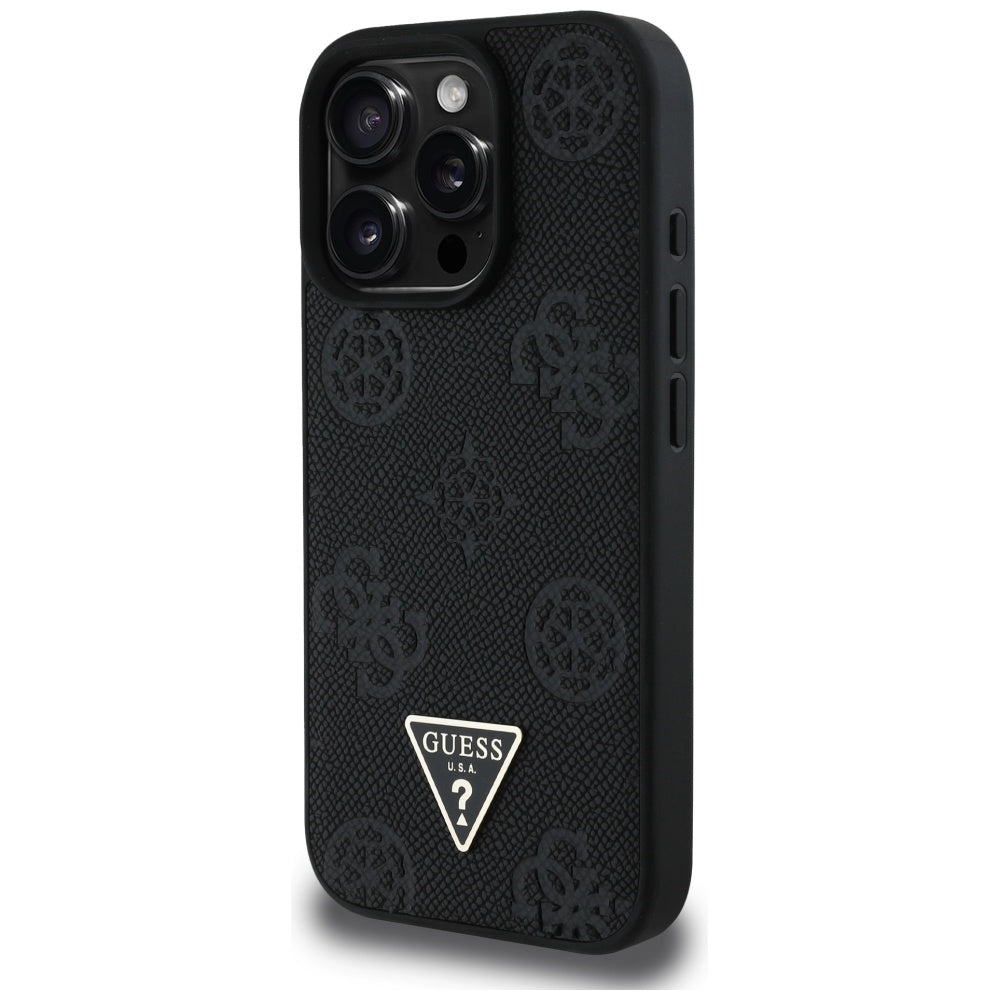 Custodia MagSafe per Apple iPhone 16 Pro, Guess, Peony Grained Hot Stamp Triangle, Nera