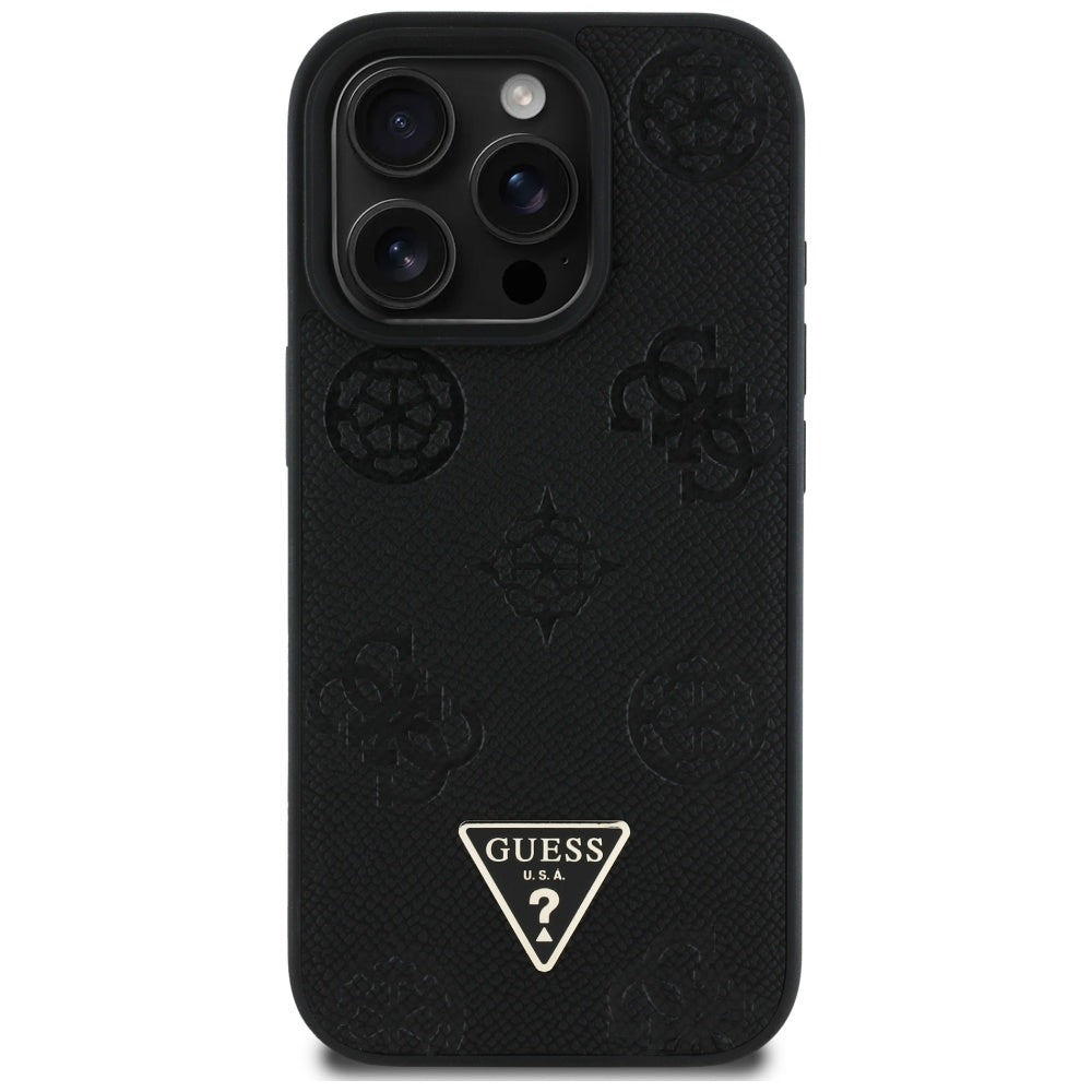 Custodia MagSafe per Apple iPhone 16 Pro, Guess, Peony Grained Hot Stamp Triangle, Nera