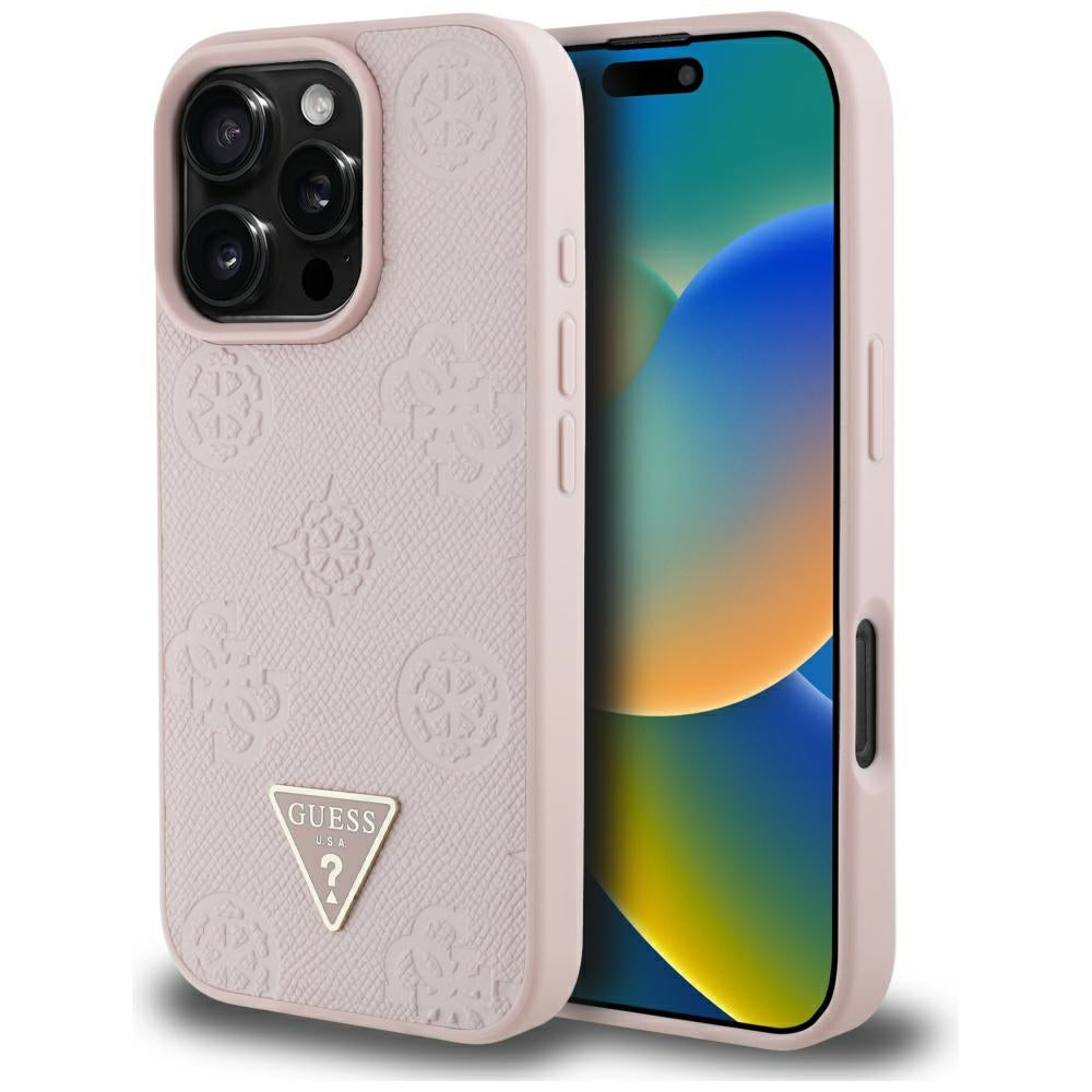Custodia MagSafe per Apple iPhone 16 Pro, Guess, Peony Grained Hot Stamp Triangle, Rosa