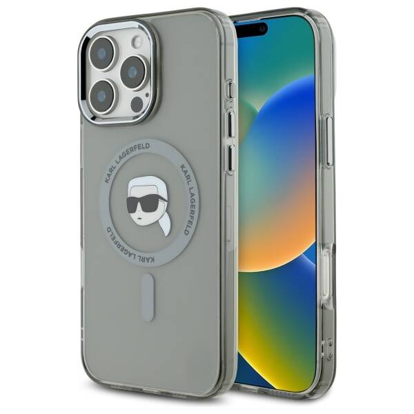 MagSafe Hülle für Apple iPhone 16 Pro, Karl Lagerfeld, IML Metal Karl's Head, Schwarz