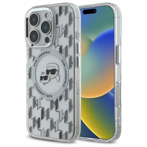 Custodia MagSafe per Apple iPhone 16 Pro, Karl Lagerfeld, IML Monogramma Karl & Choupette's Heads, Trasparente