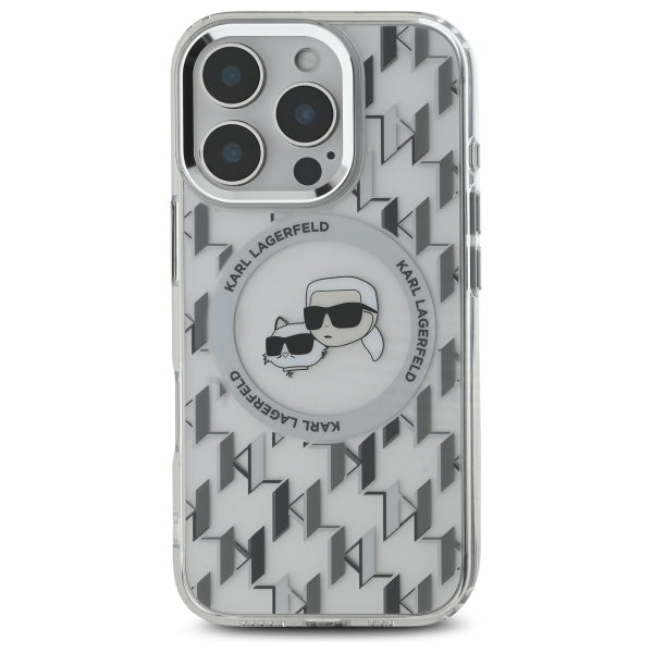 Custodia MagSafe per Apple iPhone 16 Pro, Karl Lagerfeld, IML Monogramma Karl & Choupette's Heads, Trasparente