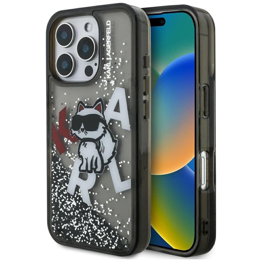 Custodia MagSafe per Apple iPhone 16 Pro, Karl Lagerfeld, Liquid Glitter Choupette Logo, Nera