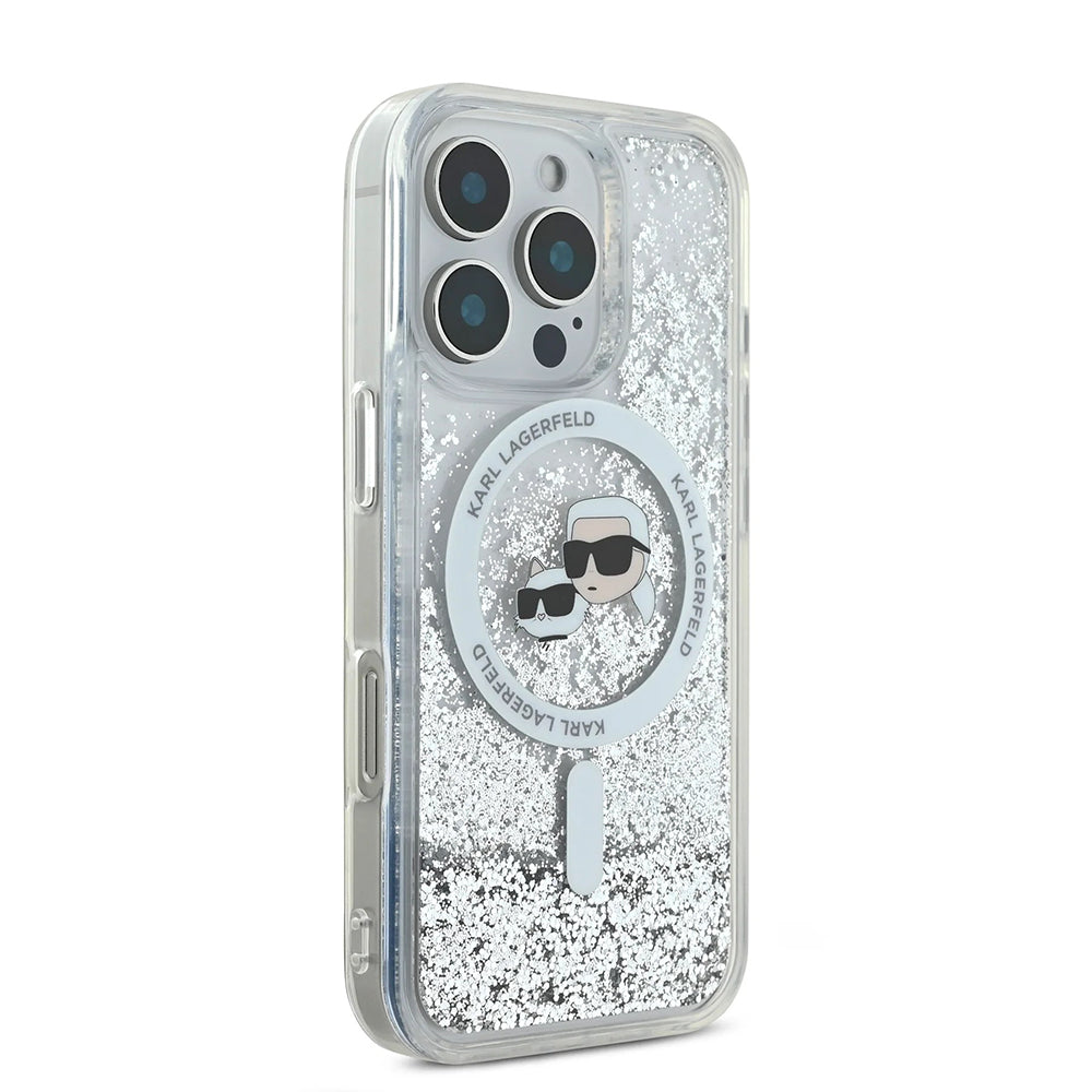 Custodia MagSafe per Apple iPhone 16 Pro, Karl Lagerfeld, Liquid Glitter Karl & Choupette's Heads, Trasparente