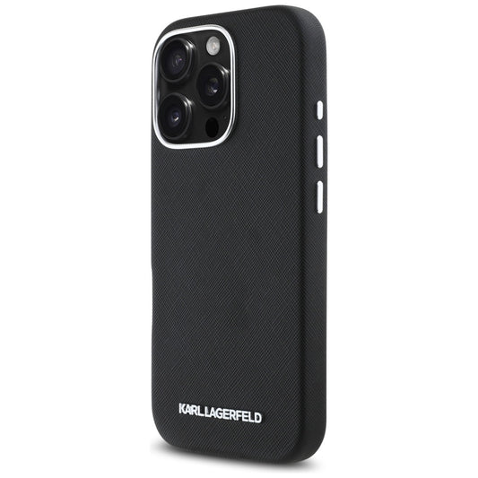 Étui MagSafe pour Apple iPhone 16 Pro, Karl Lagerfeld, Saffiano Full Wrapped Elongated Metal Logo, Noir