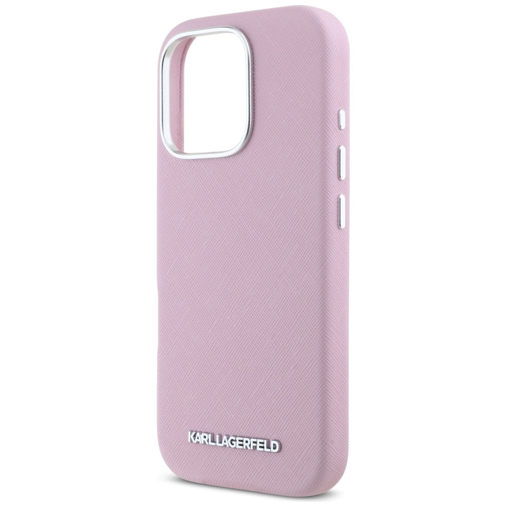 Custodia MagSafe per Apple iPhone 16 Pro, Karl Lagerfeld, Saffiano Full Wrapped Elongated Metal Logo, Rosa