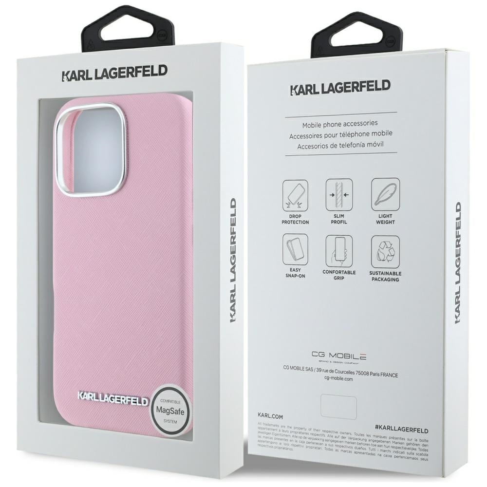 Custodia MagSafe per Apple iPhone 16 Pro, Karl Lagerfeld, Saffiano Full Wrapped Elongated Metal Logo, Rosa