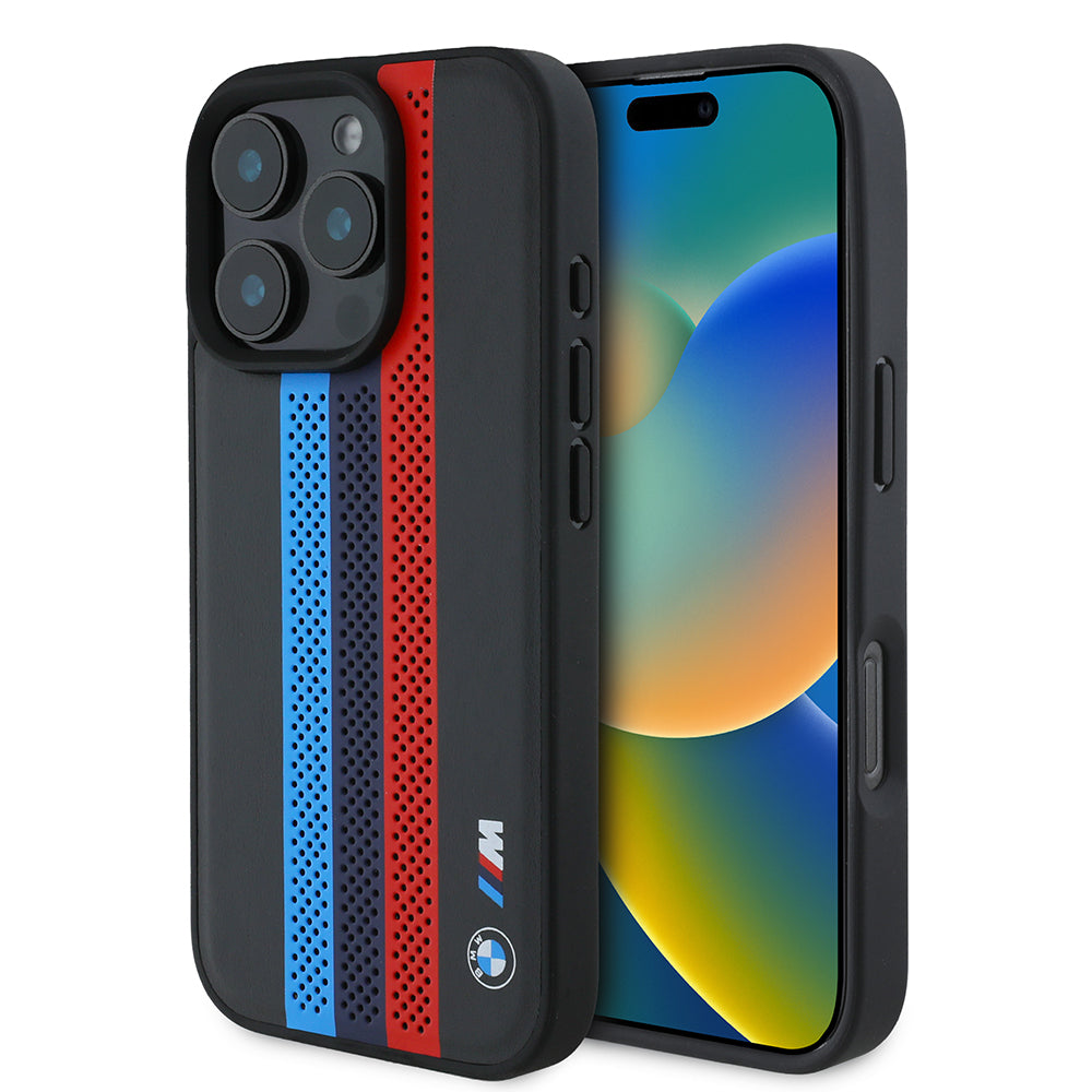 MagSafe Hülle für Apple iPhone 16 Pro Max, BMW, Perforated M Perf. Tricolor Stripers, Schwarz