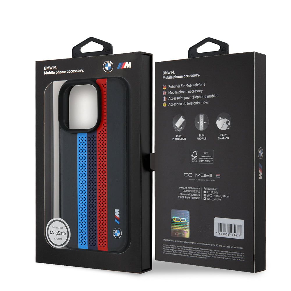 MagSafe Hülle für Apple iPhone 16 Pro Max, BMW, Perforated M Perf. Tricolor Stripers, Schwarz