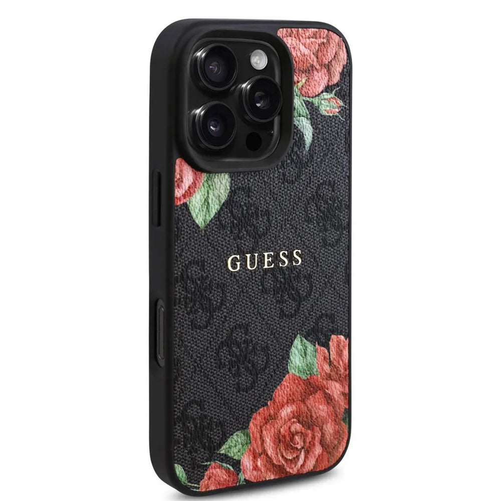 Coque MagSafe pour Apple iPhone 16 Pro Max, Guess, Imprimé Fleurs 4G, Noire