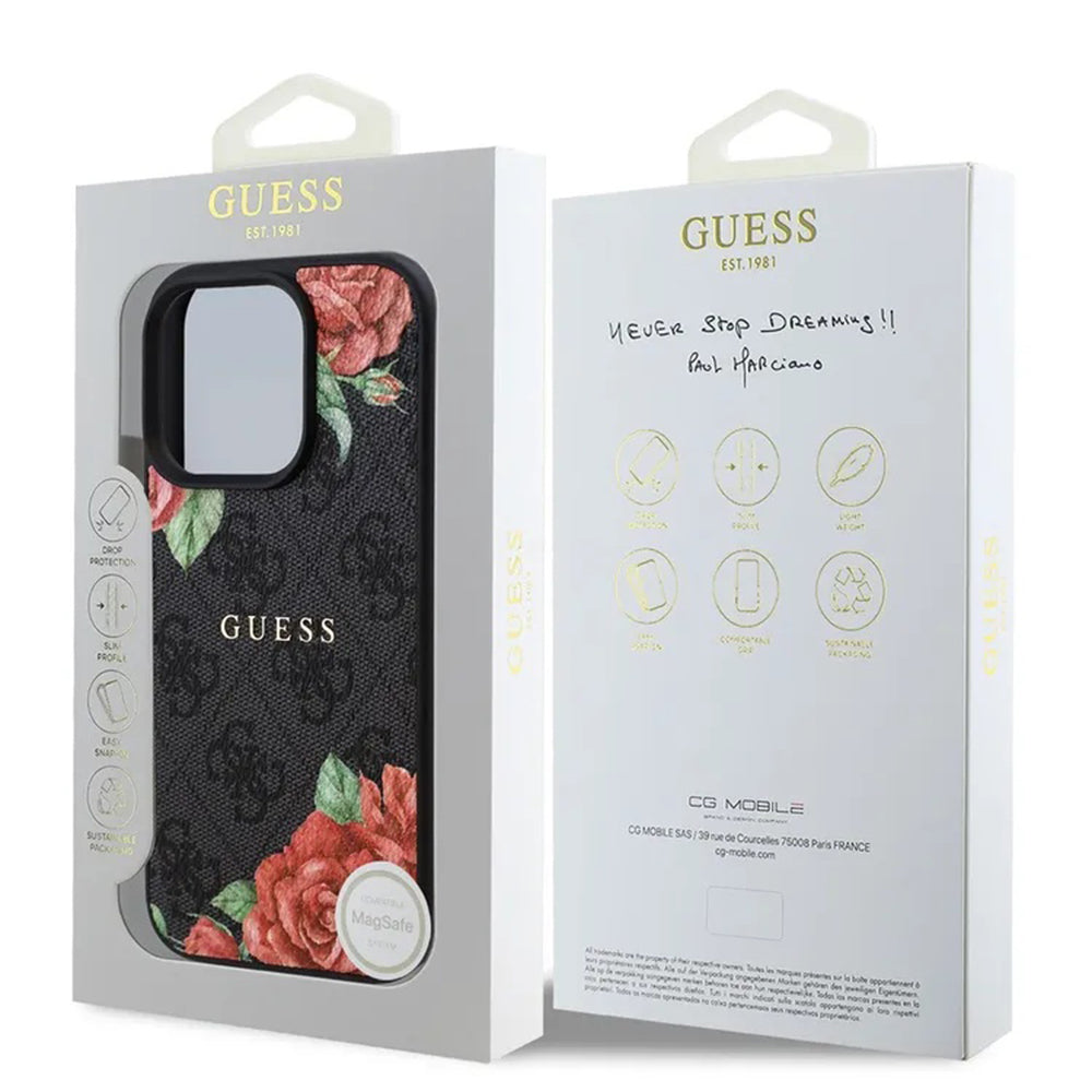 Coque MagSafe pour Apple iPhone 16 Pro Max, Guess, Imprimé Fleurs 4G, Noire