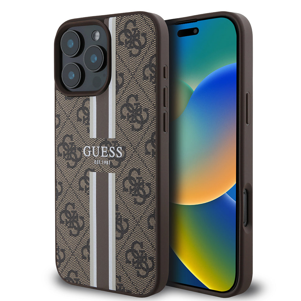 Étui MagSafe pour Apple iPhone 16 Pro Max, Guess, 4G Printed Stripes, Marron