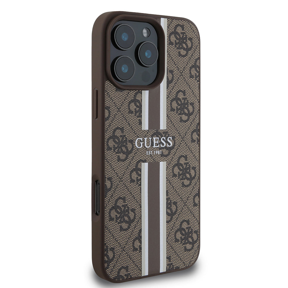 Étui MagSafe pour Apple iPhone 16 Pro Max, Guess, 4G Printed Stripes, Marron