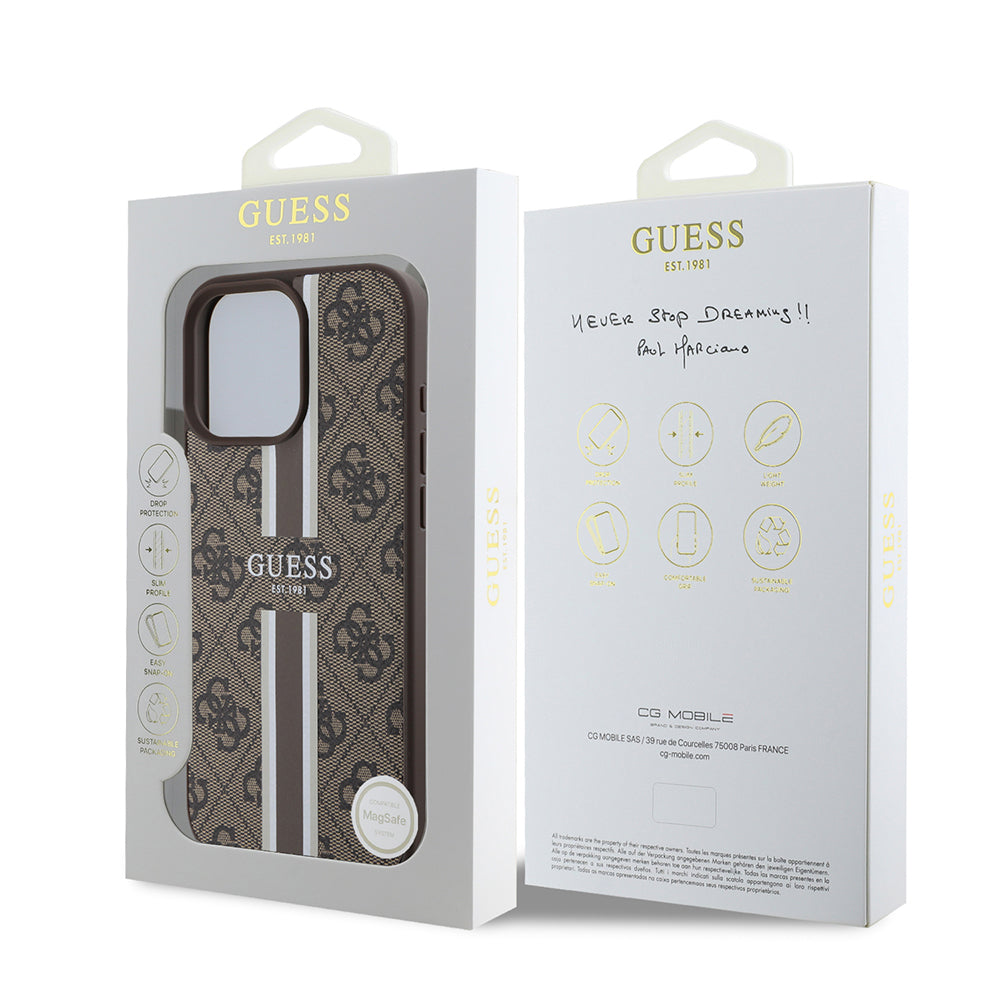 Étui MagSafe pour Apple iPhone 16 Pro Max, Guess, 4G Printed Stripes, Marron