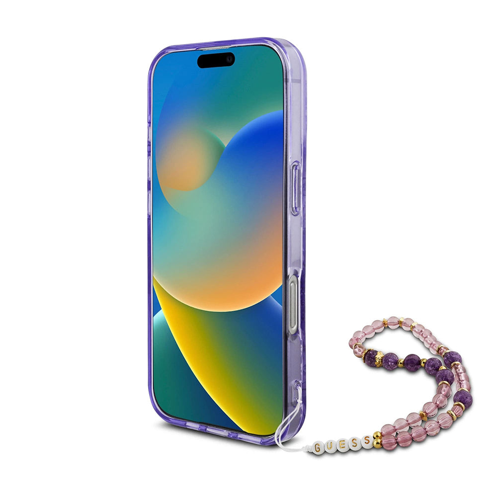 Custodia MagSafe per Apple iPhone 16 Pro Max, Guess, IML Flowers with Pearl Strap, Viola