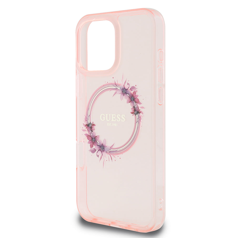 MagSafe Hülle für Apple iPhone 16 Pro Max, Guess, IML Flowers Wreath, Rosa