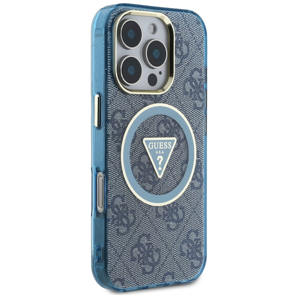 Étui MagSafe pour Apple iPhone 16 Pro Max, Guess, IML Glitter 4G Circle Triangle, Bleu