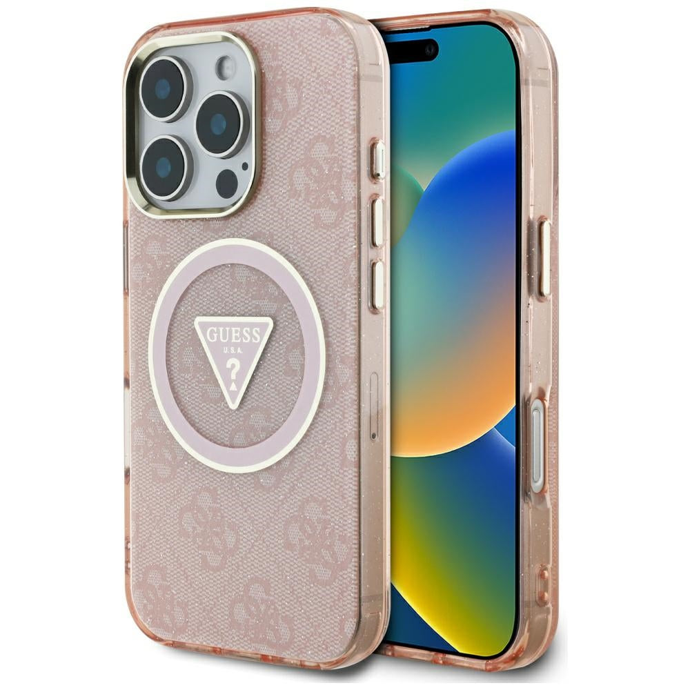 MagSafe Hülle für Apple iPhone 16 Pro Max, Guess, IML Glitter 4G Circle Triangle, Rosa