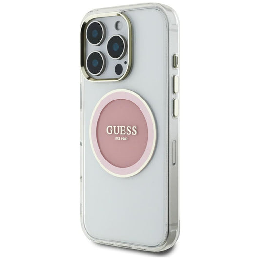 Étui MagSafe pour Apple iPhone 16 Pro Max, Guess, Cercle Métallique Coloré IML, Rose