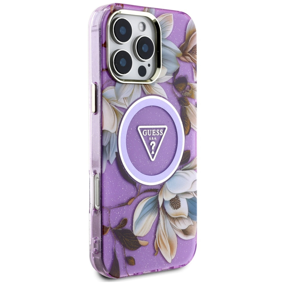 Custodia MagSafe per Apple iPhone 16 Pro Max, Guess, IML Metal Glitter Flowers Triangle, Viola