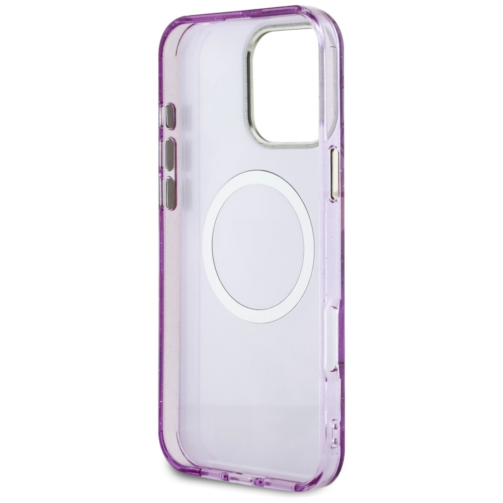 Custodia MagSafe per Apple iPhone 16 Pro Max, Guess, IML Metal Glitter Flowers Triangle, Viola