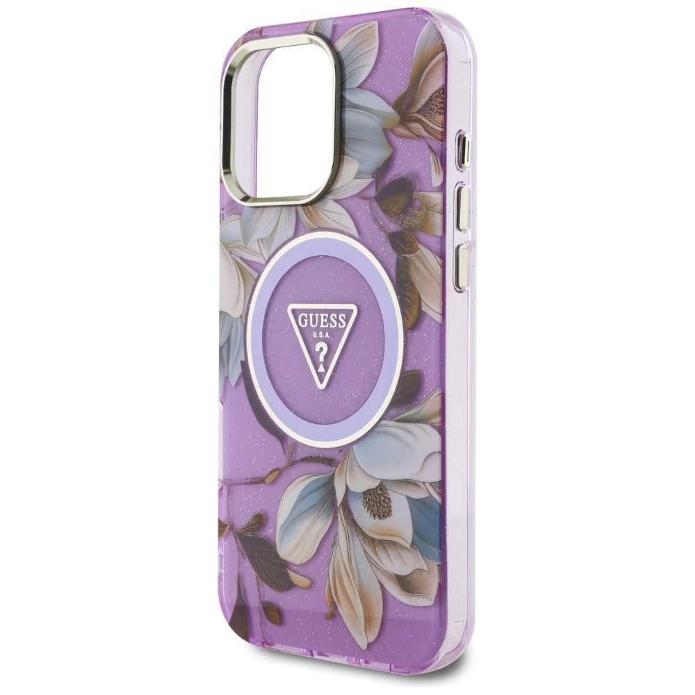 Custodia MagSafe per Apple iPhone 16 Pro Max, Guess, IML Metal Glitter Flowers Triangle, Viola