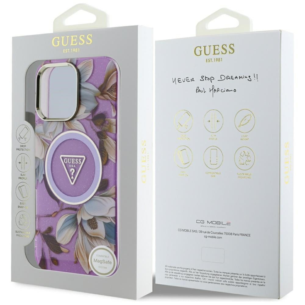 Custodia MagSafe per Apple iPhone 16 Pro Max, Guess, IML Metal Glitter Flowers Triangle, Viola