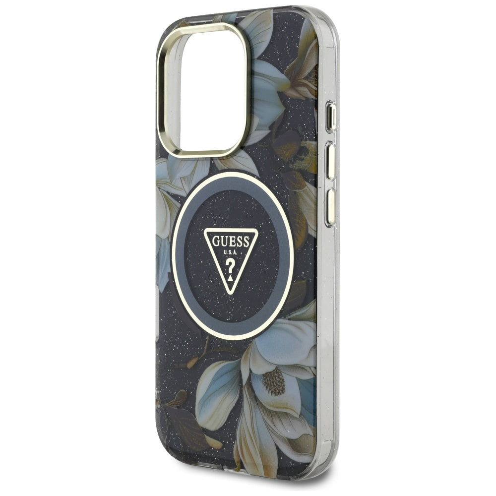 Custodia MagSafe per Apple iPhone 16 Pro Max, Guess, IML Metal Glitter Flowers Triangle, Nera