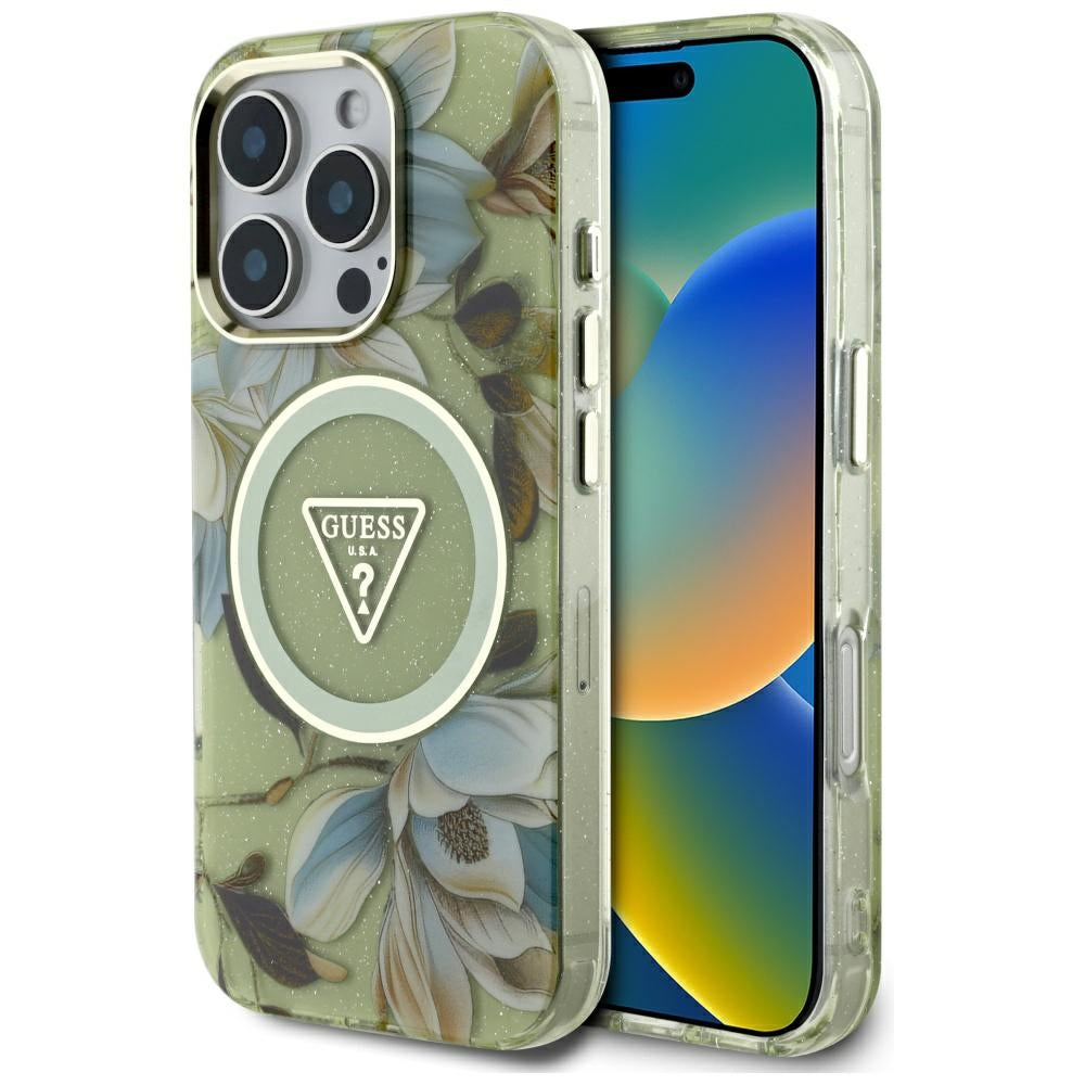 Custodia MagSafe per Apple iPhone 16 Pro Max, Guess, IML Metal Glitter Flowers Triangle, Verde