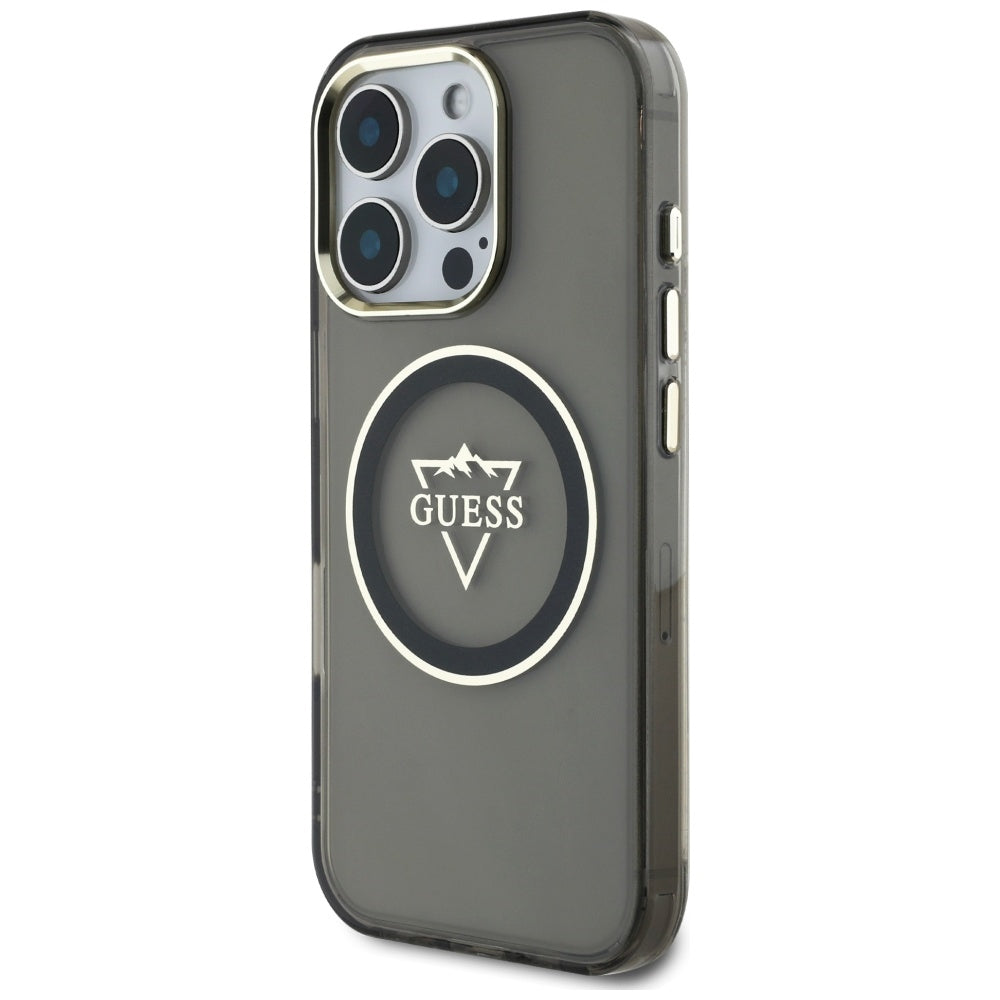 Custodia MagSafe per Apple iPhone 16 Pro Max, Guess, IML Metal Mountain Logo, Nera