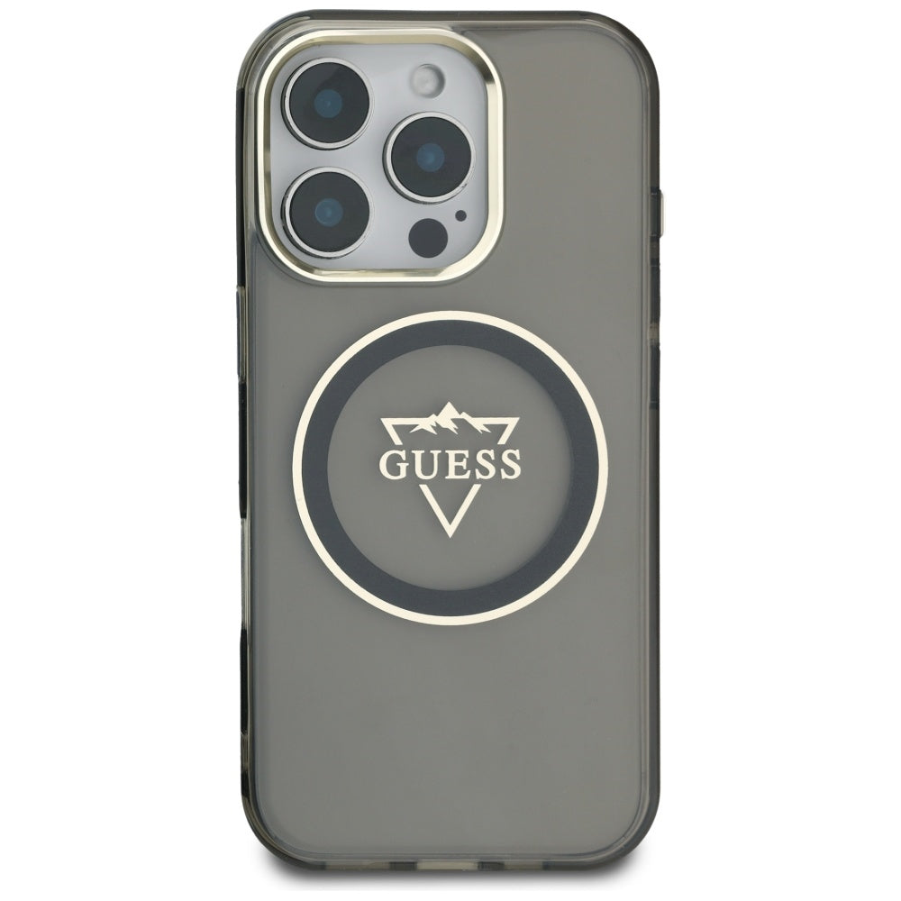 Custodia MagSafe per Apple iPhone 16 Pro Max, Guess, IML Metal Mountain Logo, Nera