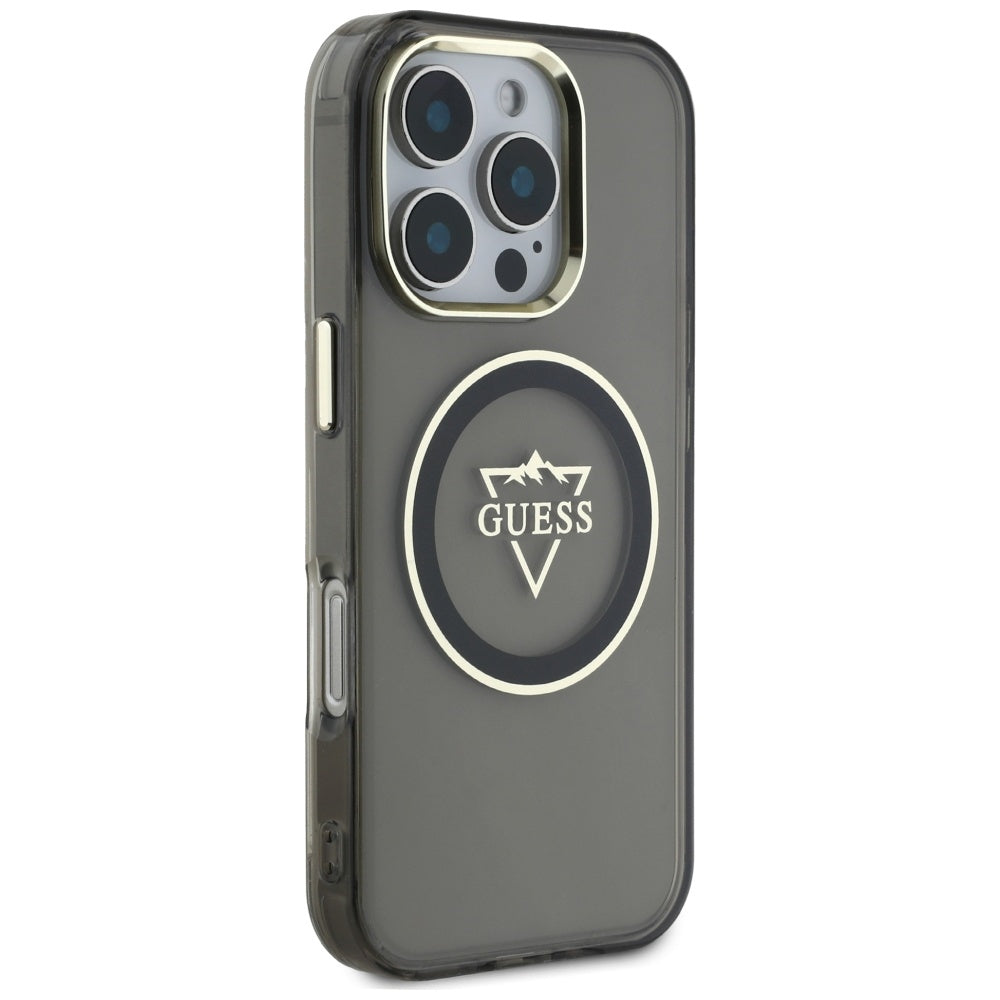 Custodia MagSafe per Apple iPhone 16 Pro Max, Guess, IML Metal Mountain Logo, Nera