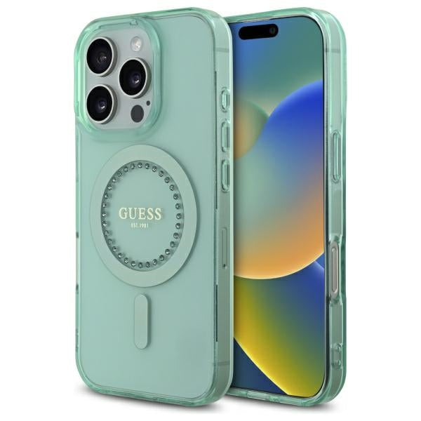 Custodia MagSafe per Apple iPhone 16 Pro Max, Guess, IML Rhinestone, Verde