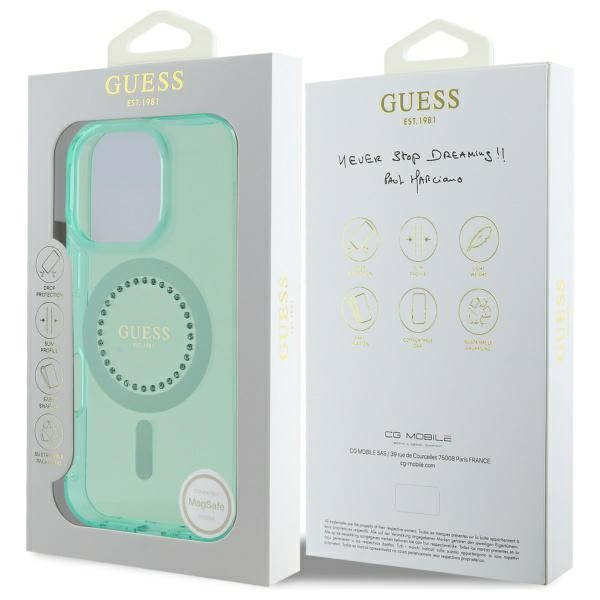 Custodia MagSafe per Apple iPhone 16 Pro Max, Guess, IML Rhinestone, Verde