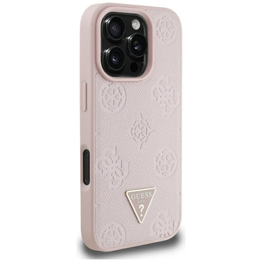 Coque MagSafe pour Apple iPhone 16 Pro Max, Guess, Peony Grained Hot Stamp Triangle, Rose