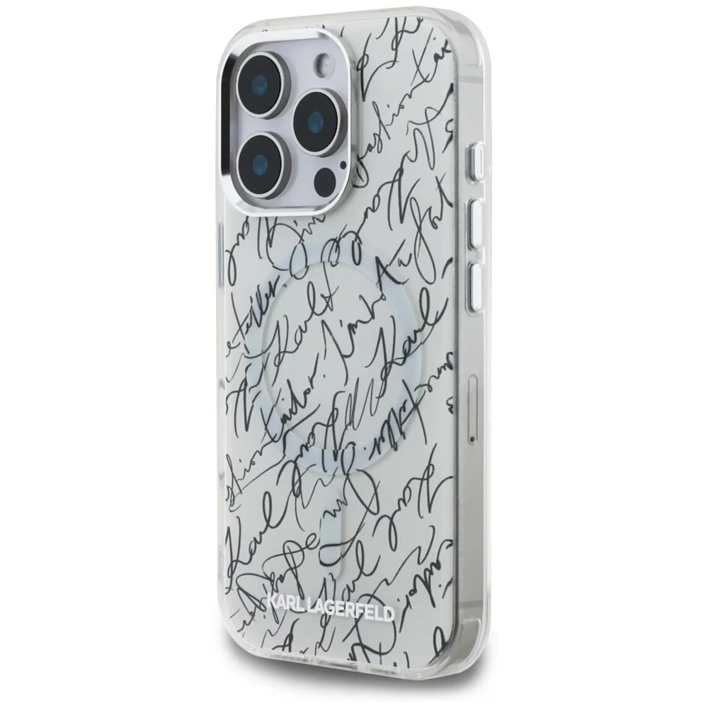 Custodia MagSafe per Apple iPhone 16 Pro Max, Karl Lagerfeld, IML Karl Script Pattern, Bianca