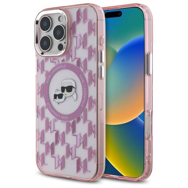 Custodia MagSafe per Apple iPhone 16 Pro Max, Karl Lagerfeld, IML Monogramma Karl & Choupette's Heads, Rosa