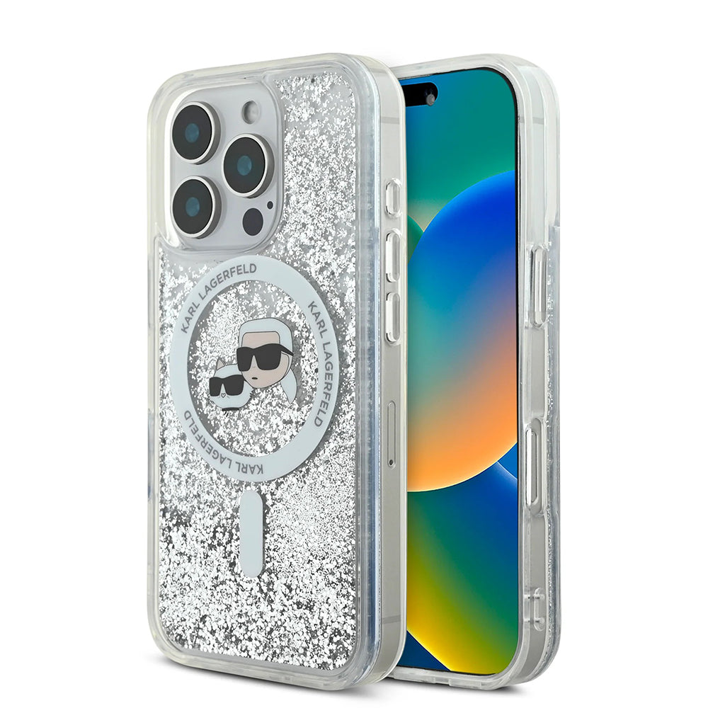 MagSafe Hülle für Apple iPhone 16 Pro Max, Karl Lagerfeld, Liquid Glitter Karl & Choupette's Heads, Transparent