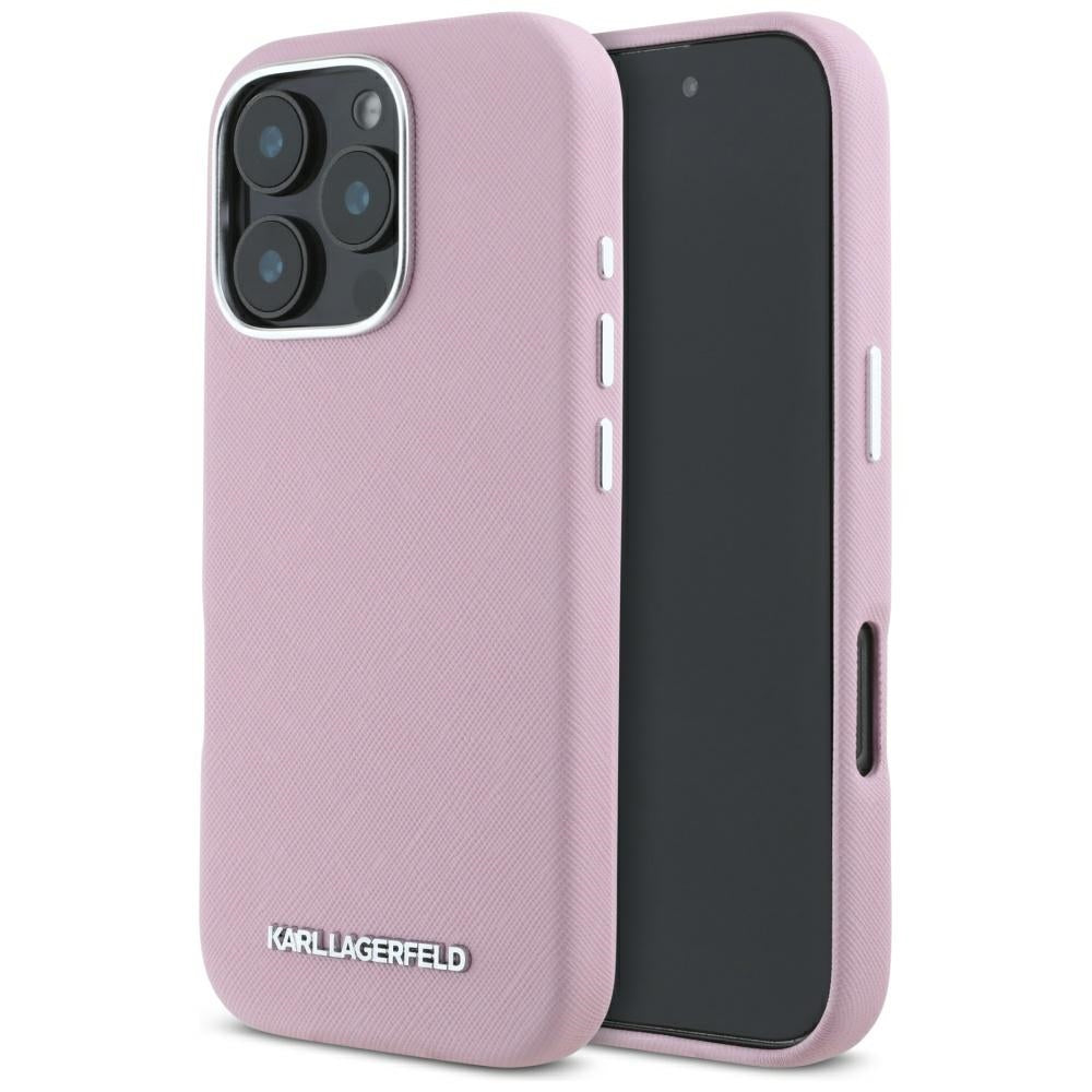 Custodia MagSafe per Apple iPhone 16 Pro Max, Karl Lagerfeld, Saffiano Full Wrapped Elongated Metal Logo, Rosa